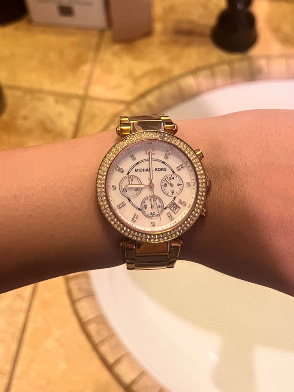 Michael Kors Rose Gold Crystal Bezel Watch with Ivory Dial